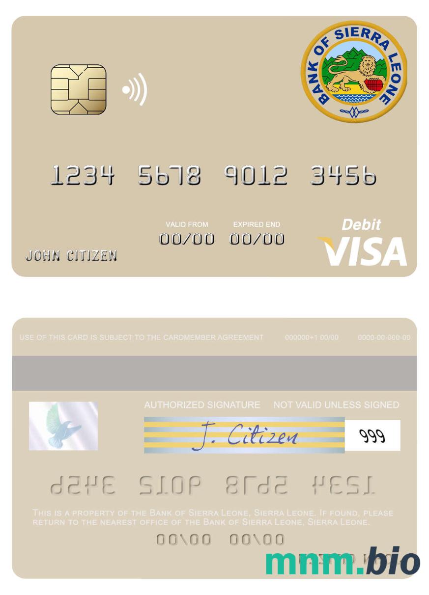Sierra Leone Bank of Sierra Leone visa debet karta przykład w formacie PSD